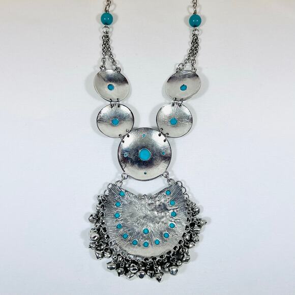Vintage Boho Western Retro Turquoise Silver Necklace Gypsy Chunky 14" Fantasy - Picture 7 of 8